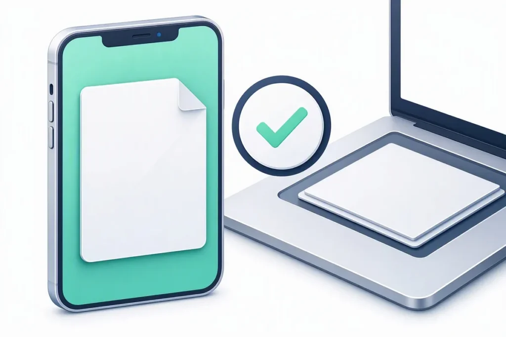 DigiLocker Document Verification: a secure digital document wallet on a phone sharing a document with a business laptop via a consent checkmark