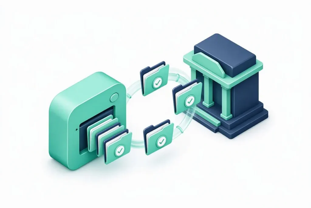 DigiLocker Document Verification: a cloud locker with folders sending verified documents to a bank building