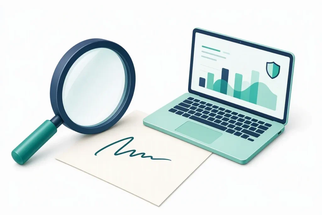 Signature fraud detection: a magnifying glass examining a handwritten signature next to a laptop showing comparison charts