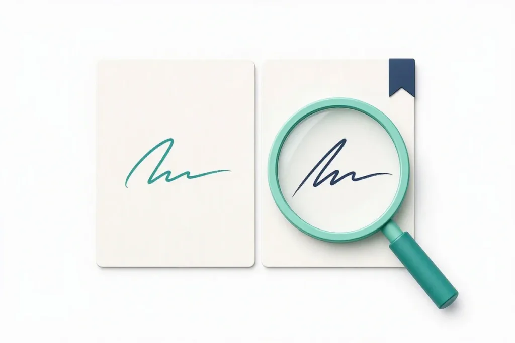Signature Fraud Detection: a magnifying glass comparing two handwritten signature strokes on blank cards, one flagged