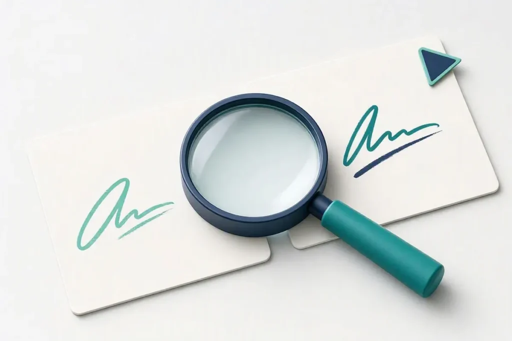 Signature Fraud Detection: a magnifying glass comparing two handwritten signature strokes on blank cards, one flagged