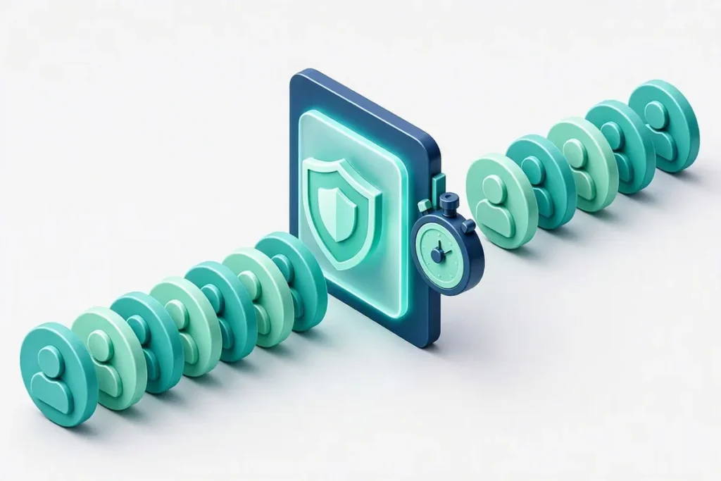 Real-Time Identity Verification for Fintech: a fast stream of user profiles passing through a glowing verification checkpoint with a stopwatch and shield