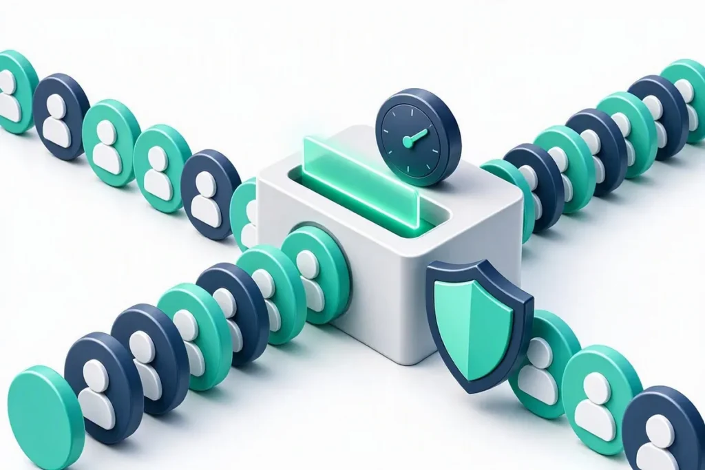 Real-Time Identity Verification for Fintech: a fast stream of user profiles passing through a glowing verification checkpoint with a stopwatch and shield