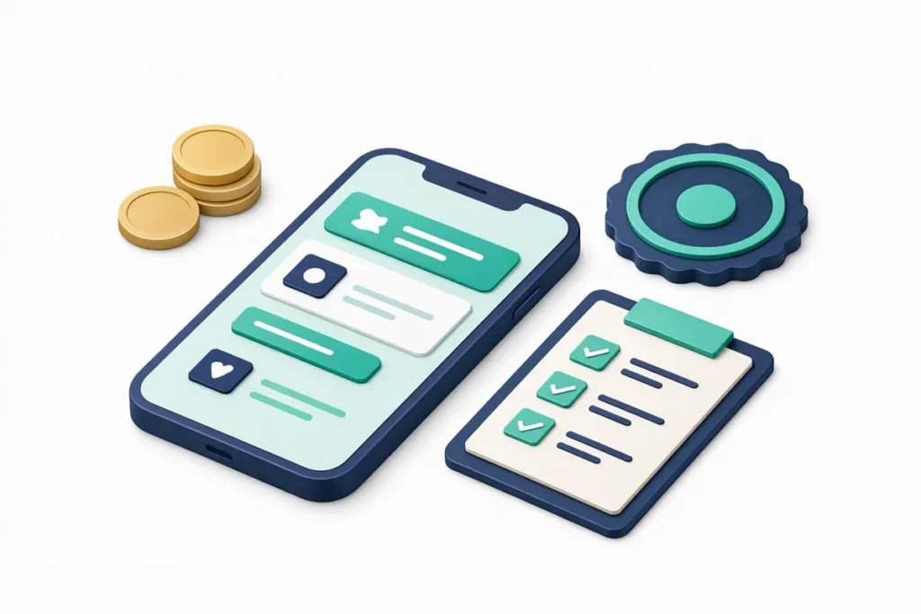 KYC Compliance for Digital Lenders: a lending app on a phone next to a checklist clipboard and a compliance seal, with coins in the background