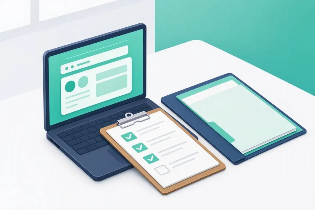 KYC Compliance for Digital Lenders: a lending app on a laptop next to a compliance checklist clipboard and an audit folder