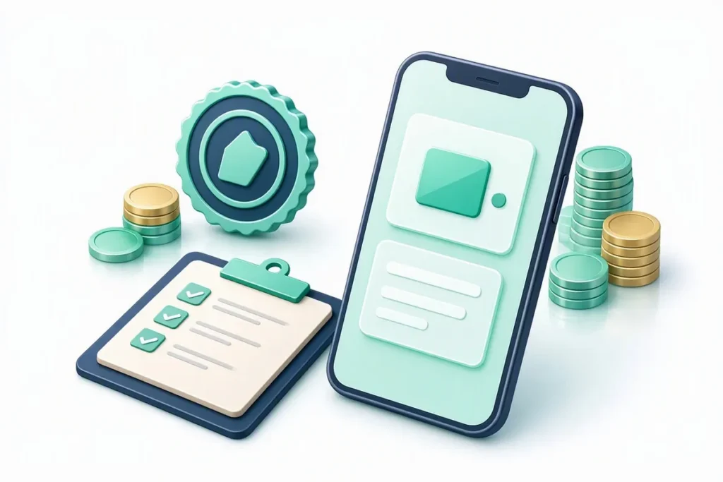 KYC Compliance for Digital Lenders: a lending app on a phone next to a checklist clipboard and a compliance seal, with coins in the background