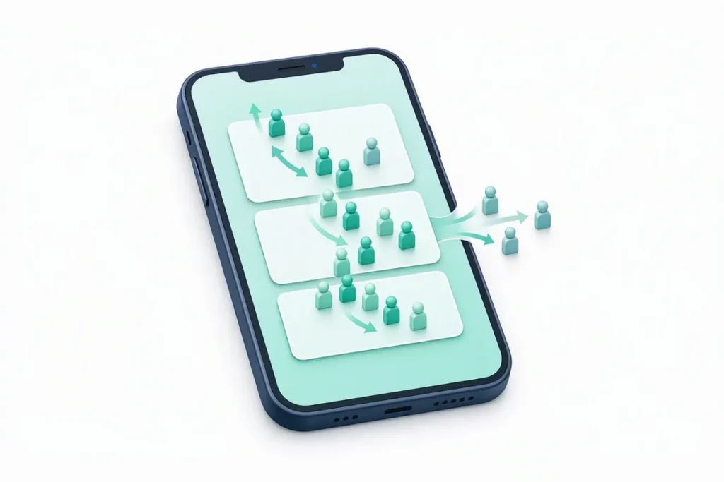 Customer Onboarding Drop-Off: a funnel of small user figures moving through onboarding steps on a phone screen, a few leaving at one step, arrows showing flow