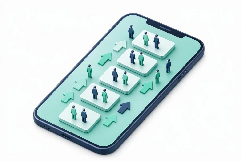 Customer Onboarding Drop-Off: a funnel of small user figures moving through onboarding steps on a phone screen, a few leaving at one step, arrows showing flow