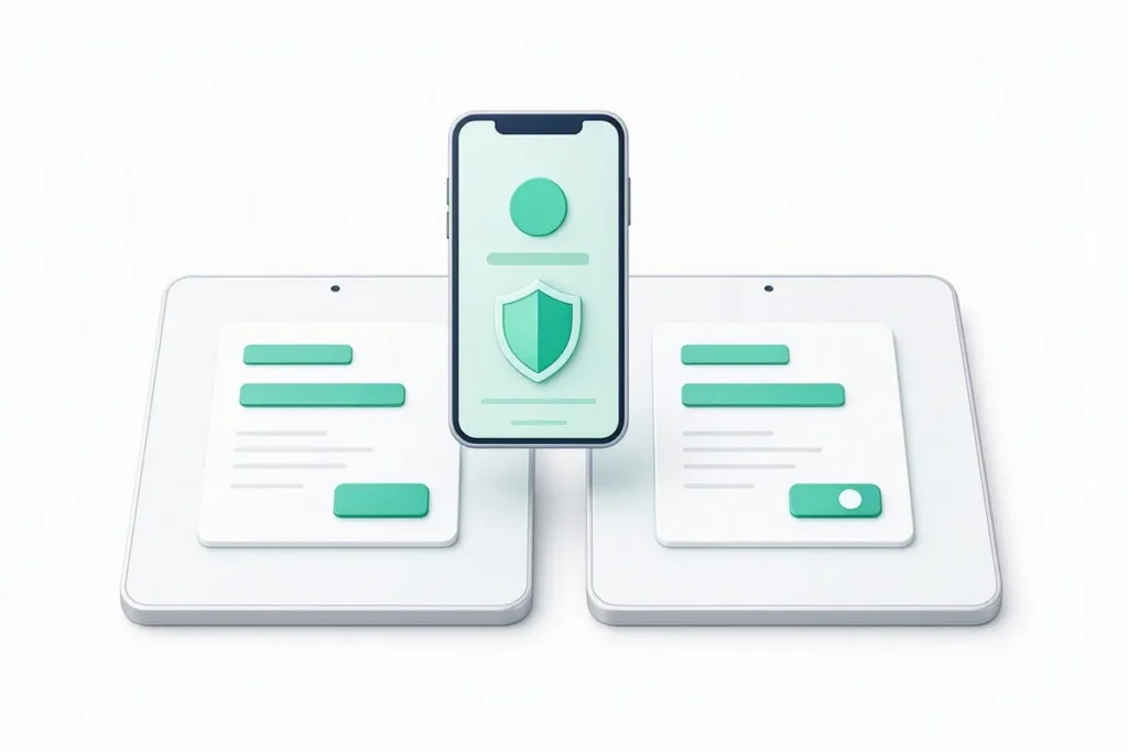 Aadhaar eSign vs Standard eSign: two digital signing workflows side by side on tablets, one with a phone OTP confirmation and identity shield, one simple