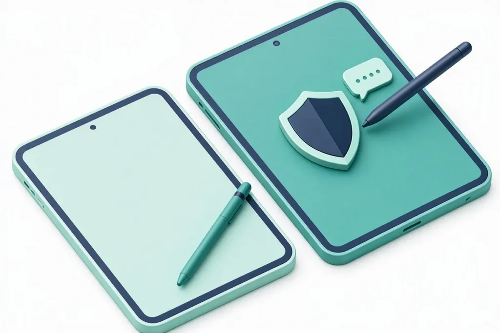 Aadhaar eSign vs Standard eSign: two tablets with digital signature pens, one with a shield and a phone code bubble