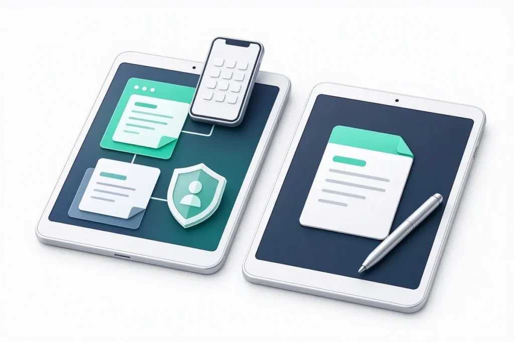 Aadhaar eSign vs Standard eSign: two digital signing workflows side by side on tablets, one with a phone OTP confirmation and identity shield, one simple