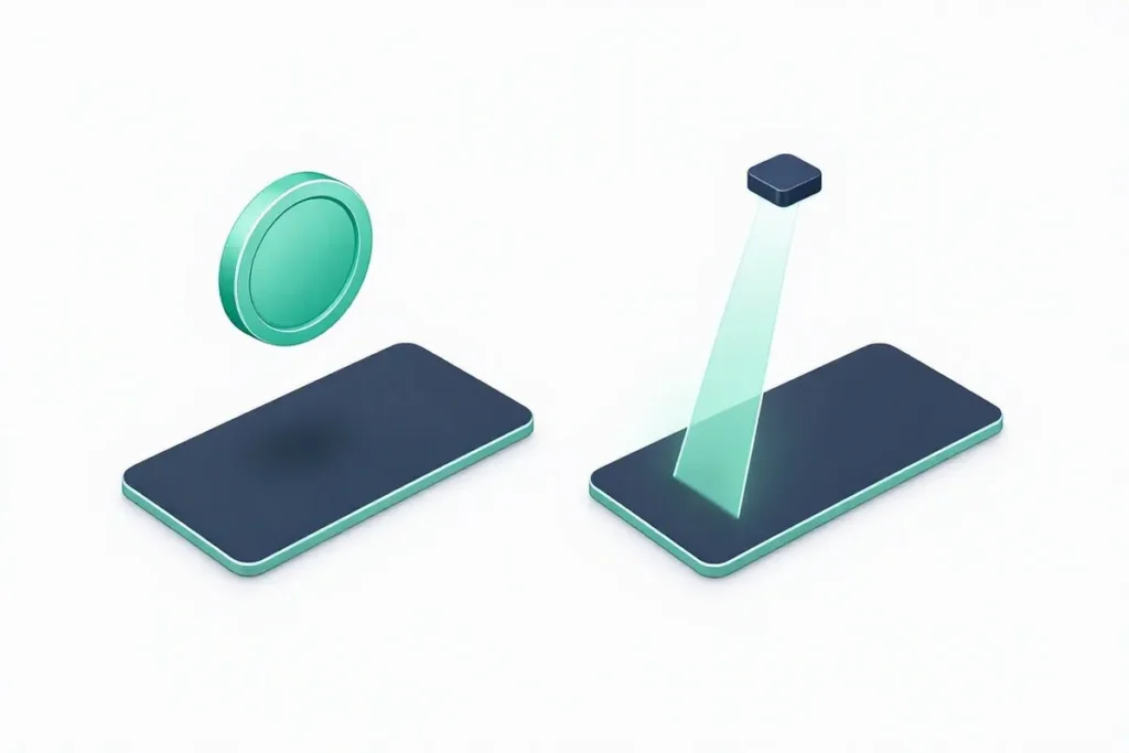 Penny Drop vs Penny-less Verification: two bank account paths side by side: one with a single coin dropping into an account card, the other a direct verification beam