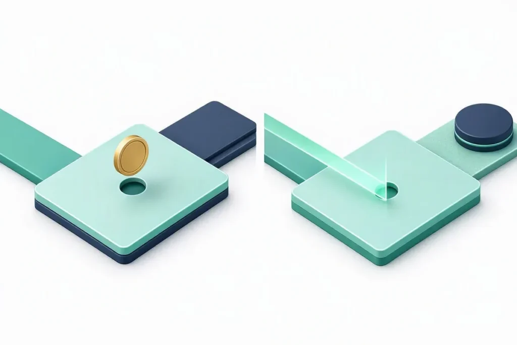 Penny Drop vs Penny-less Verification: two bank account paths side by side: one with a single coin dropping into an account card, the other a direct verification beam