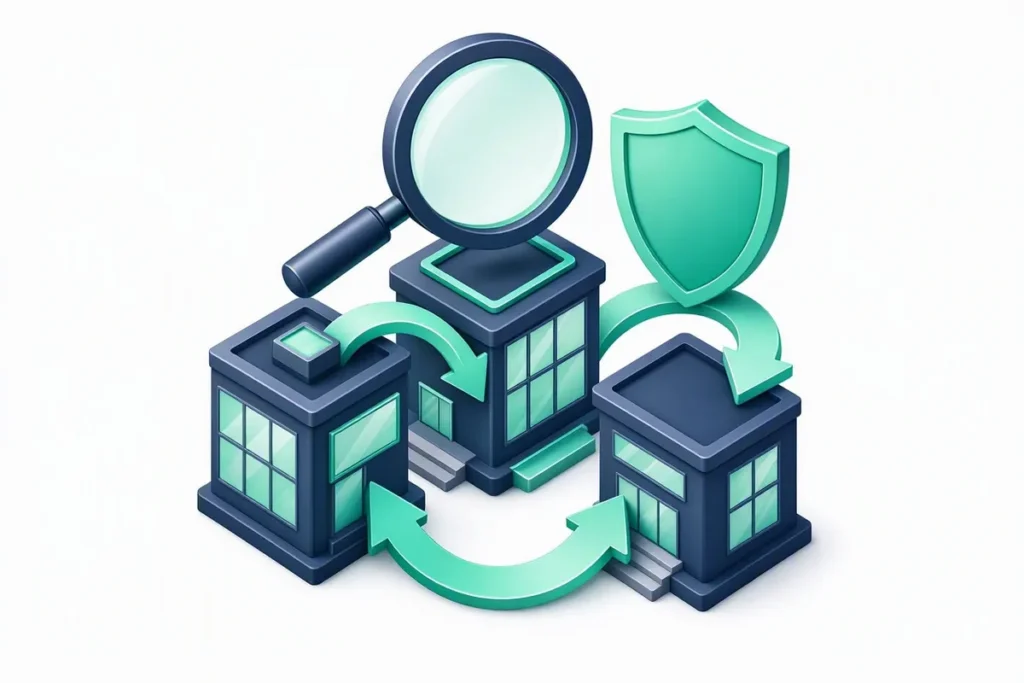 AML Screening: money flow arrows between bank buildings watched by a magnifying glass and shield