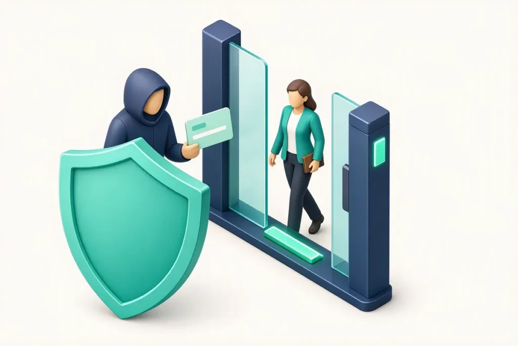 Identity Fraud Prevention India: a shield blocking a hooded figure holding a fake ID card while a genuine person passes through a verification gate