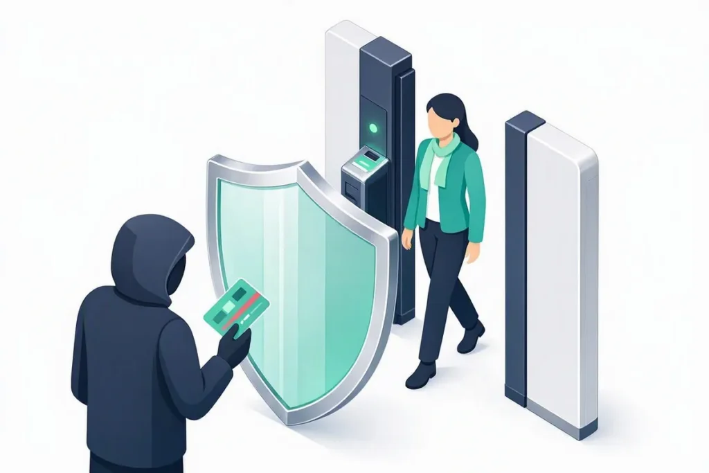 Identity Fraud Prevention India: a shield blocking a hooded figure holding a fake ID card while a genuine person passes through a verification gate