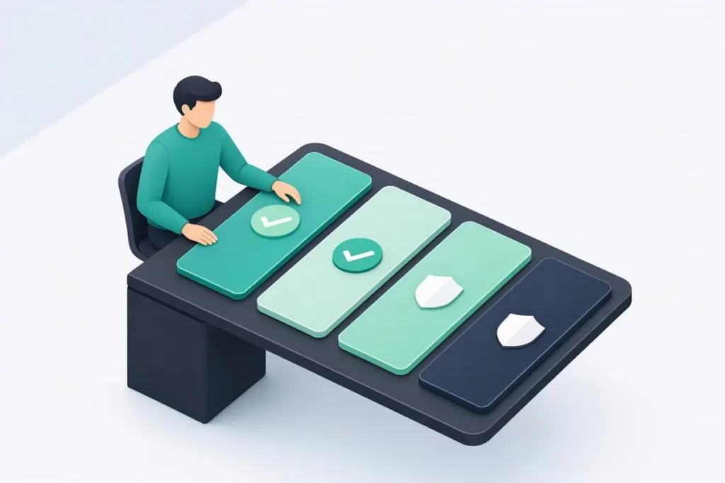 Sumsub alternatives: a person at a desk comparing several verification platform cards with checkmark and shield icons