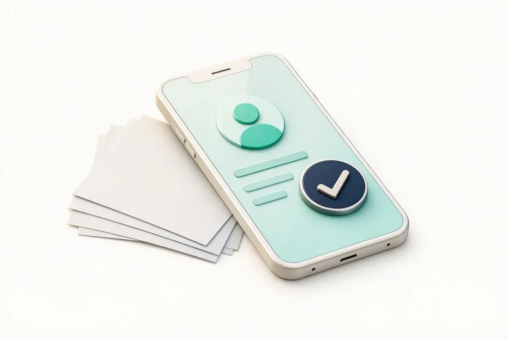 What Is eKYC: a smartphone showing an abstract identity profile verified with a checkmark, replacing a stack of paper forms