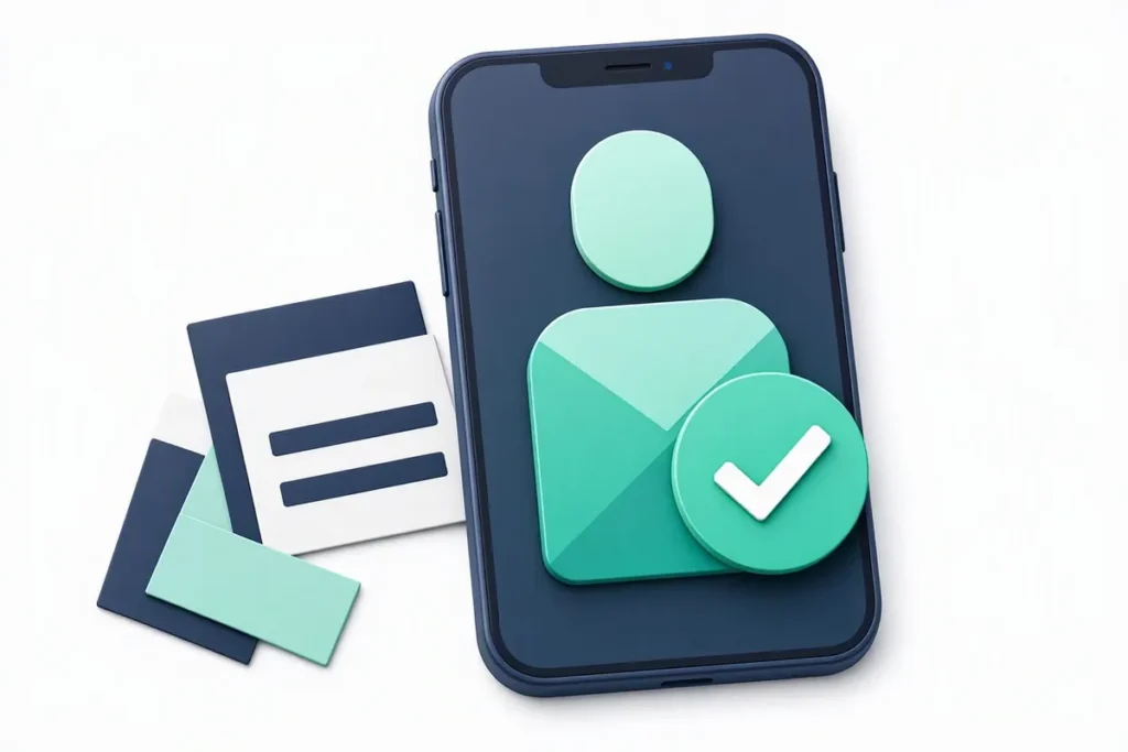 What Is eKYC: a smartphone showing an abstract identity profile verified with a checkmark, replacing a stack of paper forms