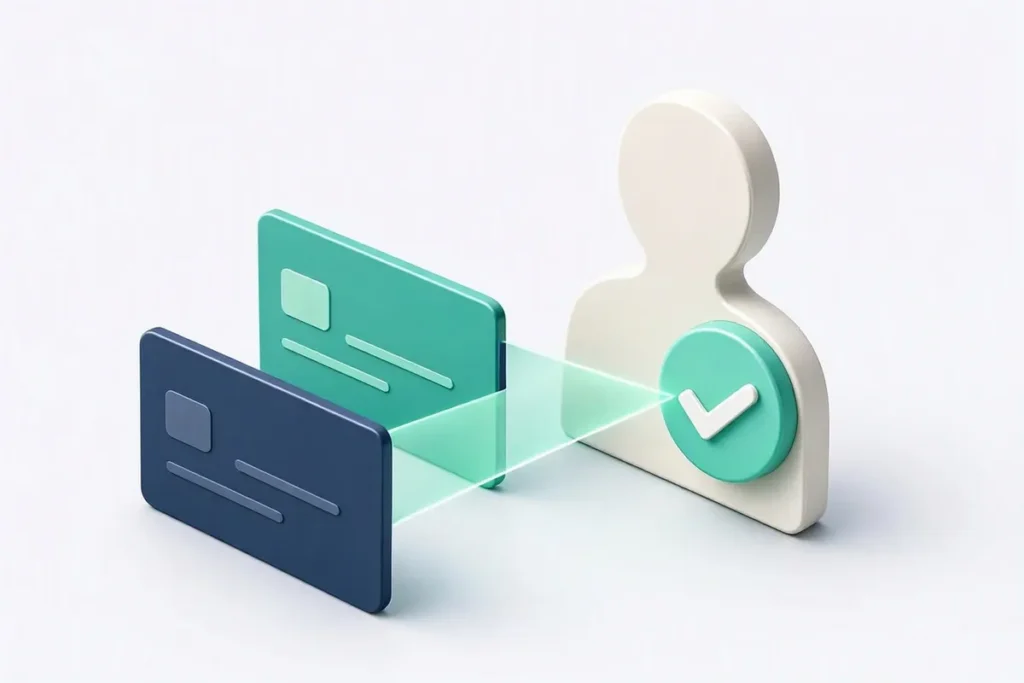 PAN and Aadhaar KYC: two abstract identity cards, one blue and one teal, linked by a verification beam to a person profile with a checkmark