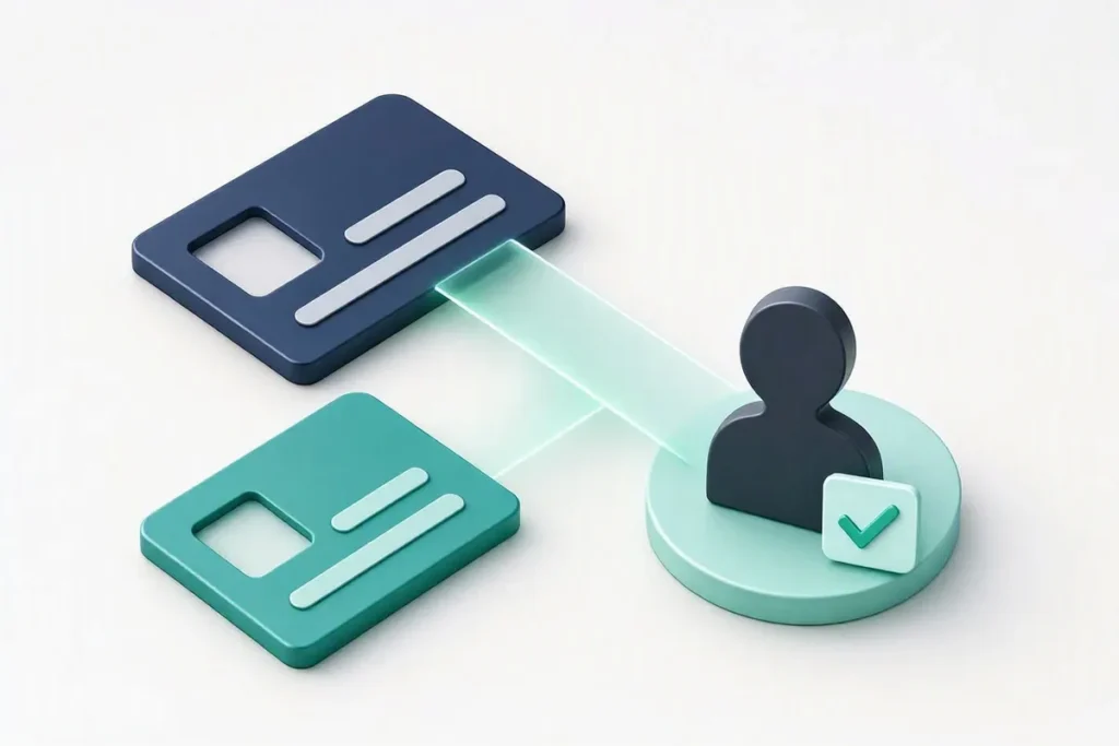 PAN and Aadhaar KYC: two abstract identity cards, one blue and one teal, linked by a verification beam to a person profile with a checkmark
