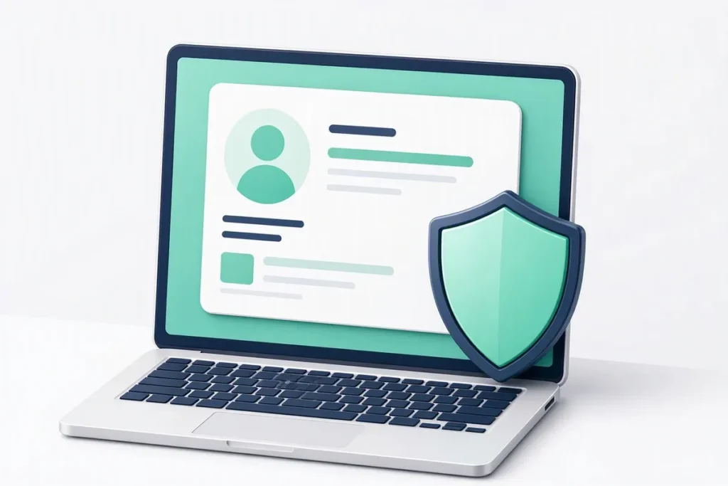 PAN and Aadhaar KYC: a bank onboarding screen on a laptop confirming a customer profile with a shield
