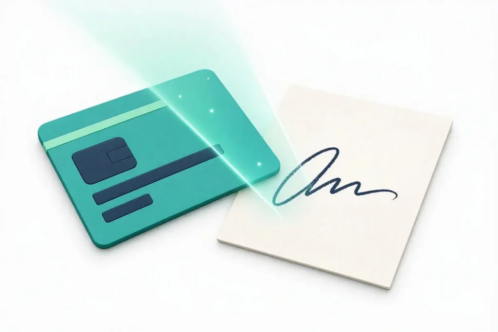 PAN Card Signature Verification: an abstract tax ID card next to a handwritten signature on blank paper, both scanned by a verification beam