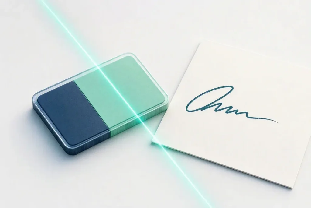 PAN Card Signature Verification: an abstract tax ID card next to a handwritten signature on blank paper, both scanned by a verification beam