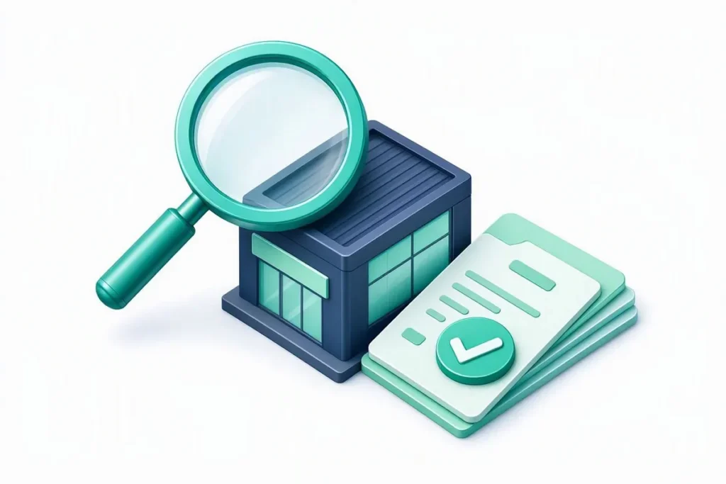 How to Check if a Company Is Legitimate: a magnifying glass over a small office building with abstract registration certificate cards and a checkmark seal
