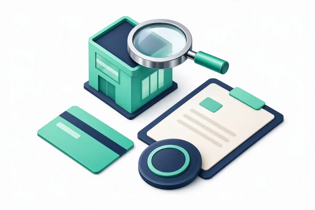 How to Check if a Company Is Legitimate: a magnifying glass over a company building with a registration certificate card, a tax badge and a bank card