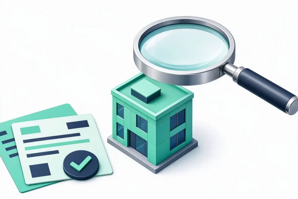 How to Check if a Company Is Legitimate: a magnifying glass over a small office building with abstract registration certificate cards and a checkmark seal