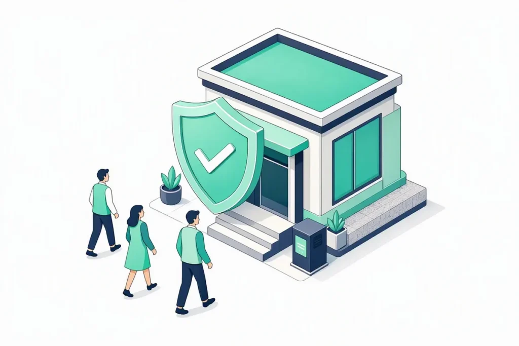 Verification APIs for Banks: a bank building with a compliance shield and verified customer profiles walking in