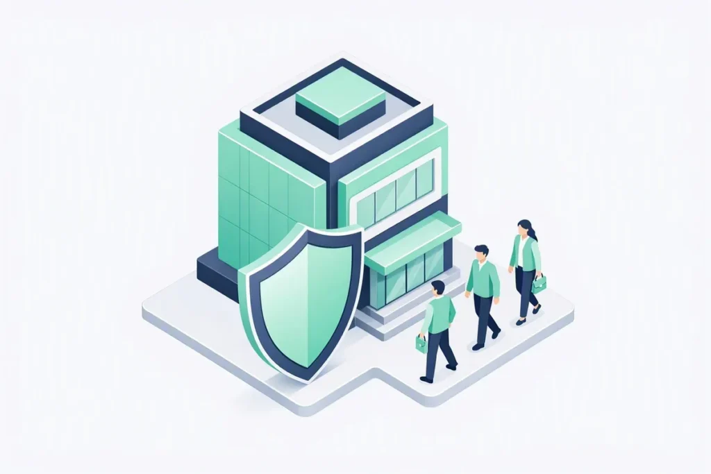 Verification APIs for Banks: a bank building with a compliance shield and verified customer profiles walking in