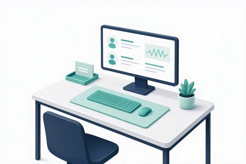 Verification APIs for Banks: a bank officer desk with a monitor screening customer profiles
