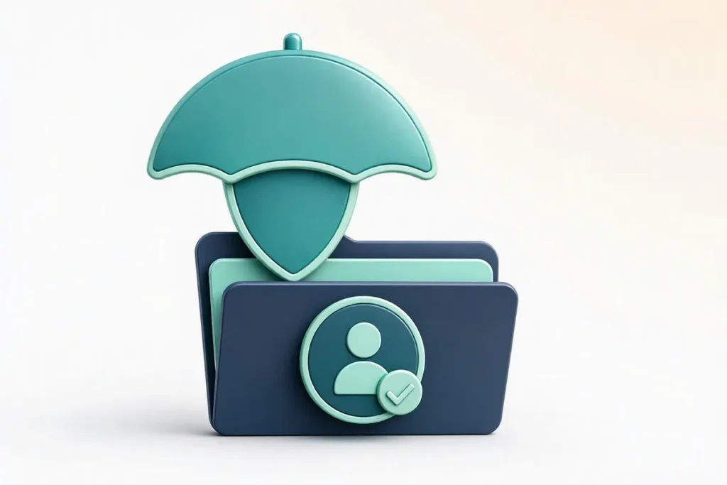 Insurance KYC: an umbrella shield over a policy folder with a verified person profile
