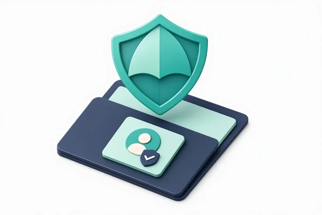 Insurance KYC: an umbrella shield over a policy folder with a verified person profile