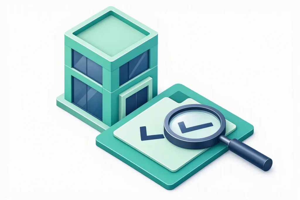 Insurance KYC: an insurance office building with a claim folder checked by a magnifying glass
