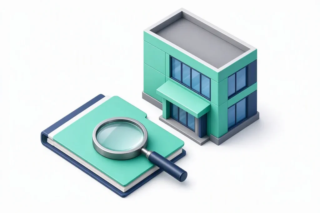 Insurance KYC: an insurance office building with a claim folder checked by a magnifying glass