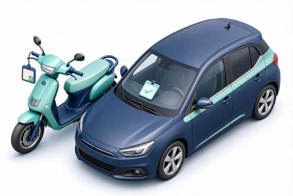 Employee Verification APIs: a scooter and a car with worker ID badges and checkmarks
