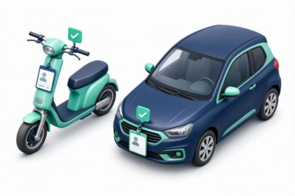 Employee Verification APIs: a scooter and a car with worker ID badges and checkmarks