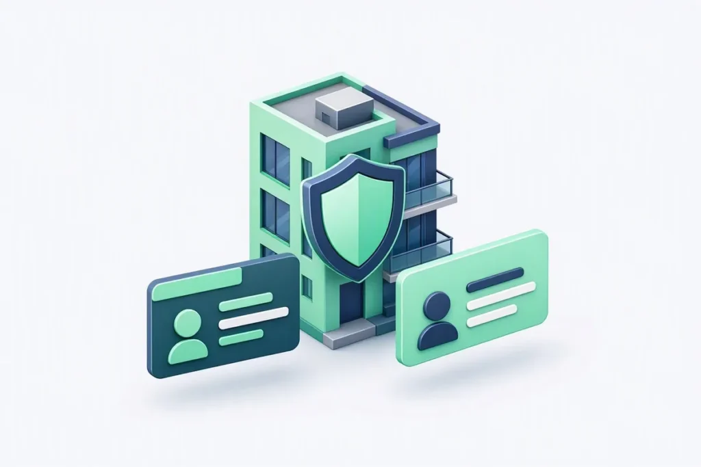 Verification APIs for Real Estate: an apartment building with landlord and tenant profile cards and a shield