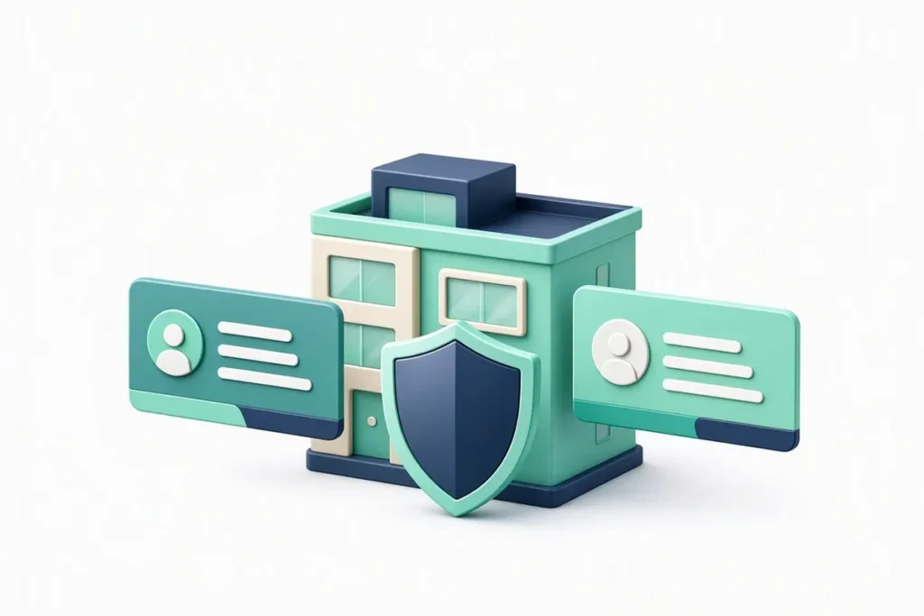 Verification APIs for Real Estate: an apartment building with landlord and tenant profile cards and a shield