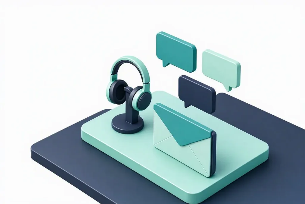Contact Veriqos: a friendly support desk with a headset, chat bubbles and an envelope