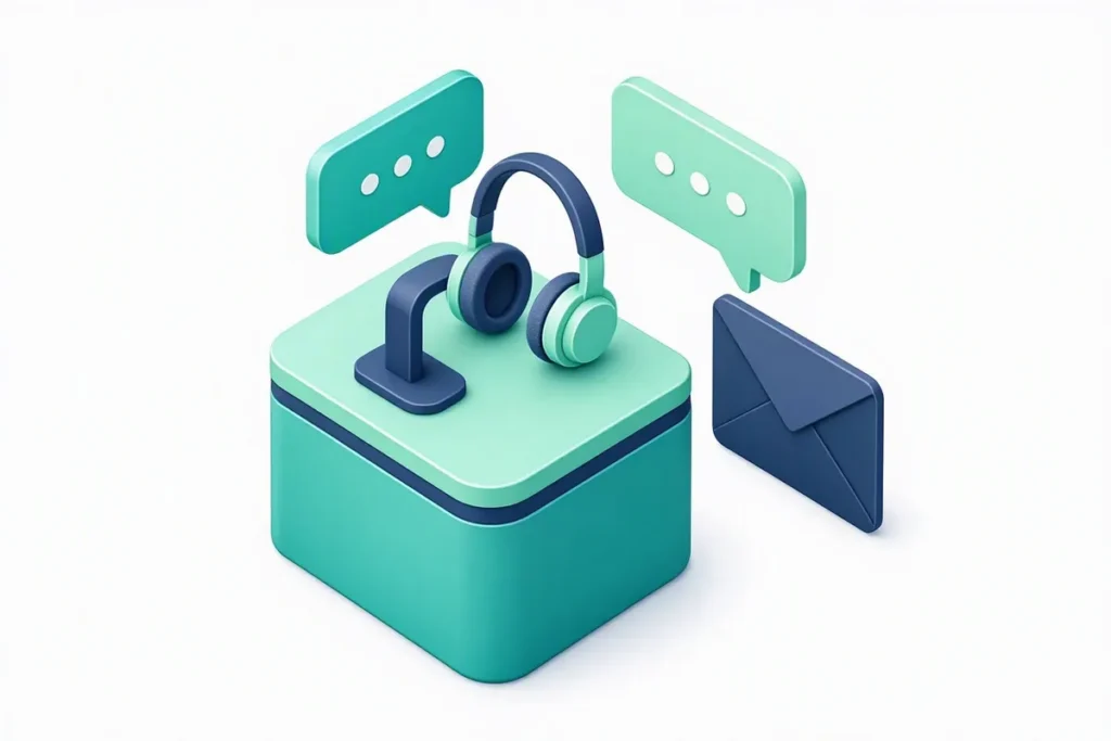 Contact Veriqos: a friendly support desk with a headset, chat bubbles and an envelope