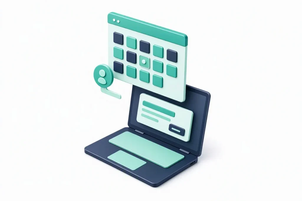 Contact Veriqos: a calendar booking a demo call on a laptop