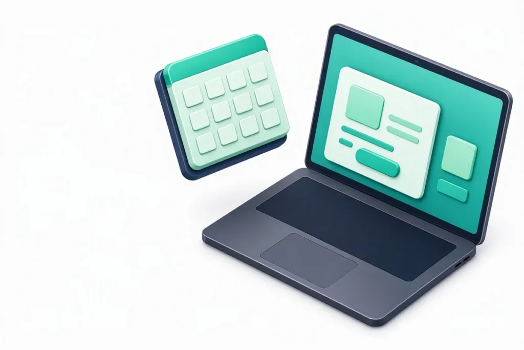 Contact Veriqos: a calendar booking a demo call on a laptop