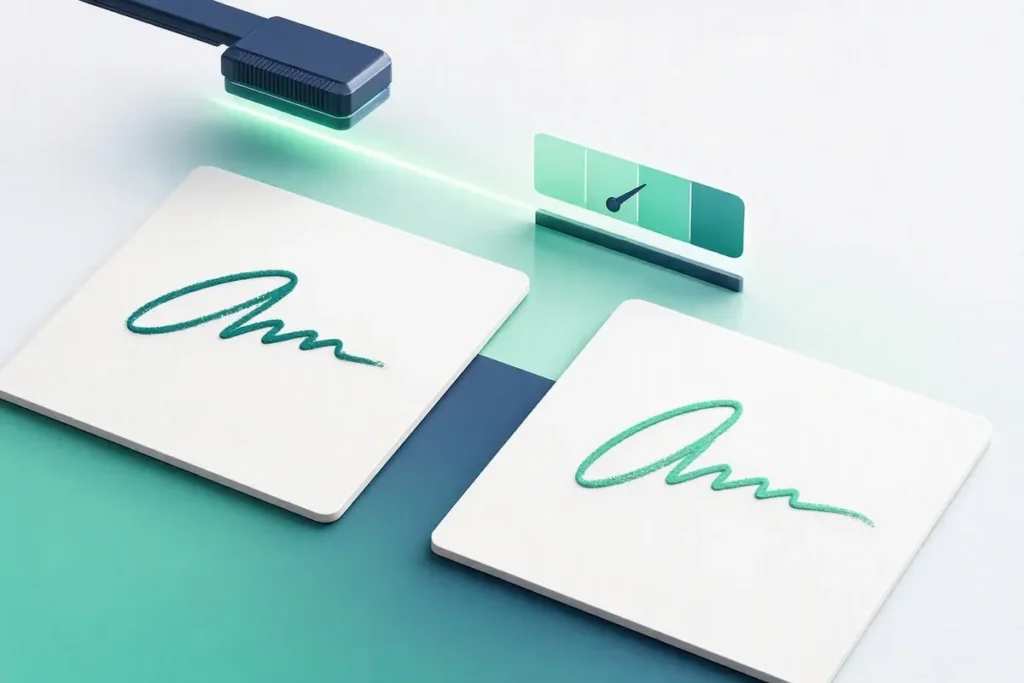 Signature Matching API: two handwritten signature strokes on separate blank cards being compared by a scanning beam, with a similarity gauge