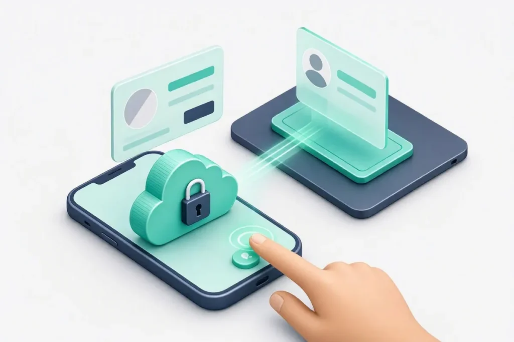 Digilocker Aadhaar Verification API: a secure cloud document locker on a phone sharing a verified identity card with a business laptop after a consent tap