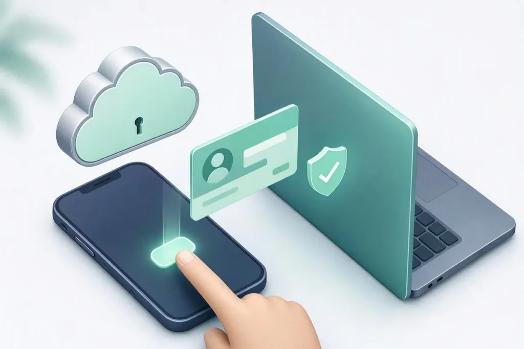 Digilocker Aadhaar Verification API: a secure cloud document locker on a phone sharing a verified identity card with a business laptop after a consent tap