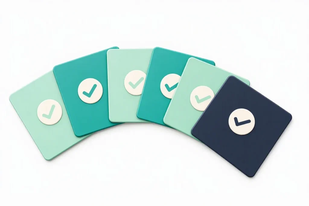 KYC Glossary: index cards with verification icons fanned out